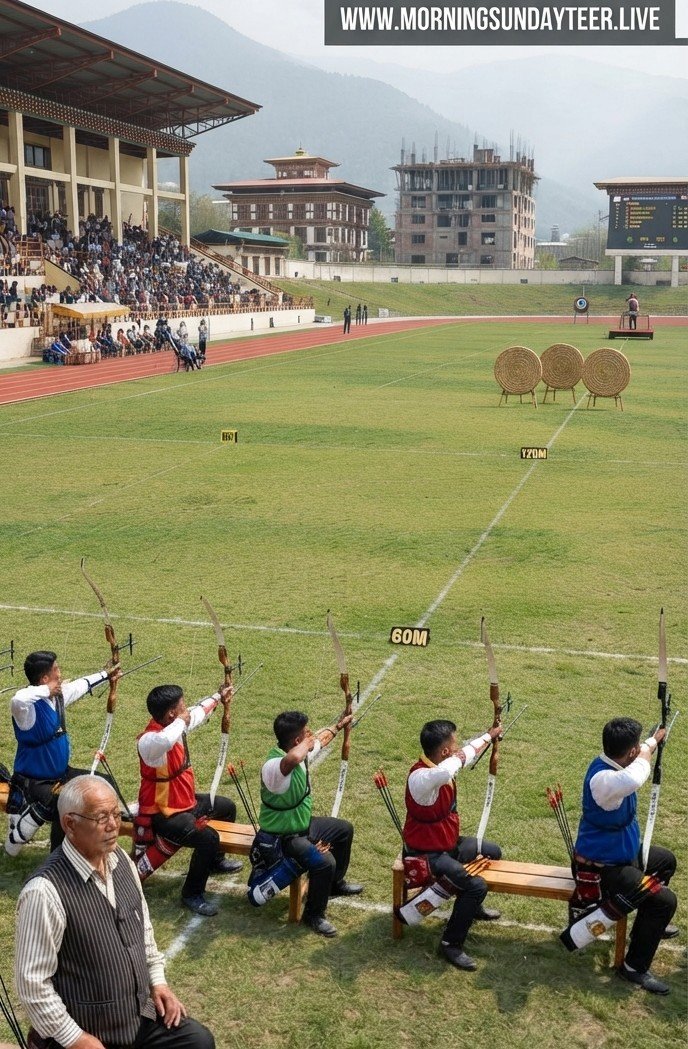 Archers shooting at straw targets on a stadium field - Shillong Morning Teer archery, morningsundayteer.live